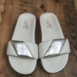 Seychelles Anthropologie Cream Gold Leather Trilogy Slide On Footbed Sandals  7